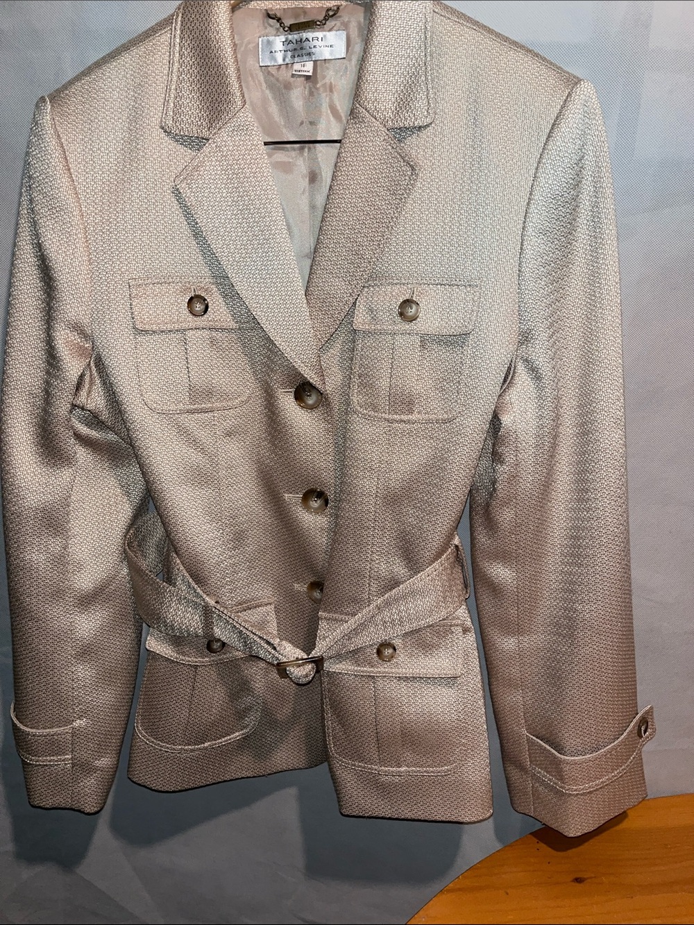 Tahari Metallic Gold Belted Blazer Jacket PTP 21”, - Picture 3 of 6